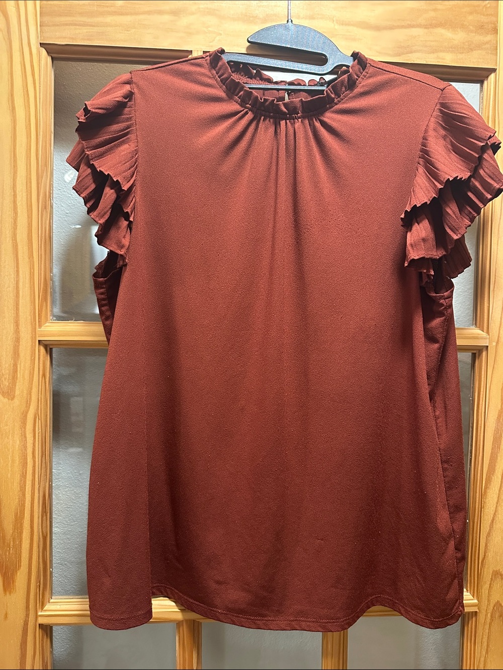 Adrianna Papell Rust Ruffle Sleeve Mock Neck Blouse